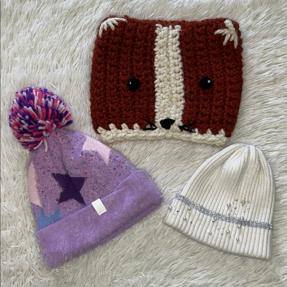 Girls Lot winter Beanie set 3 pieces Size S/M hats Pompom -Fox- pearls -purple